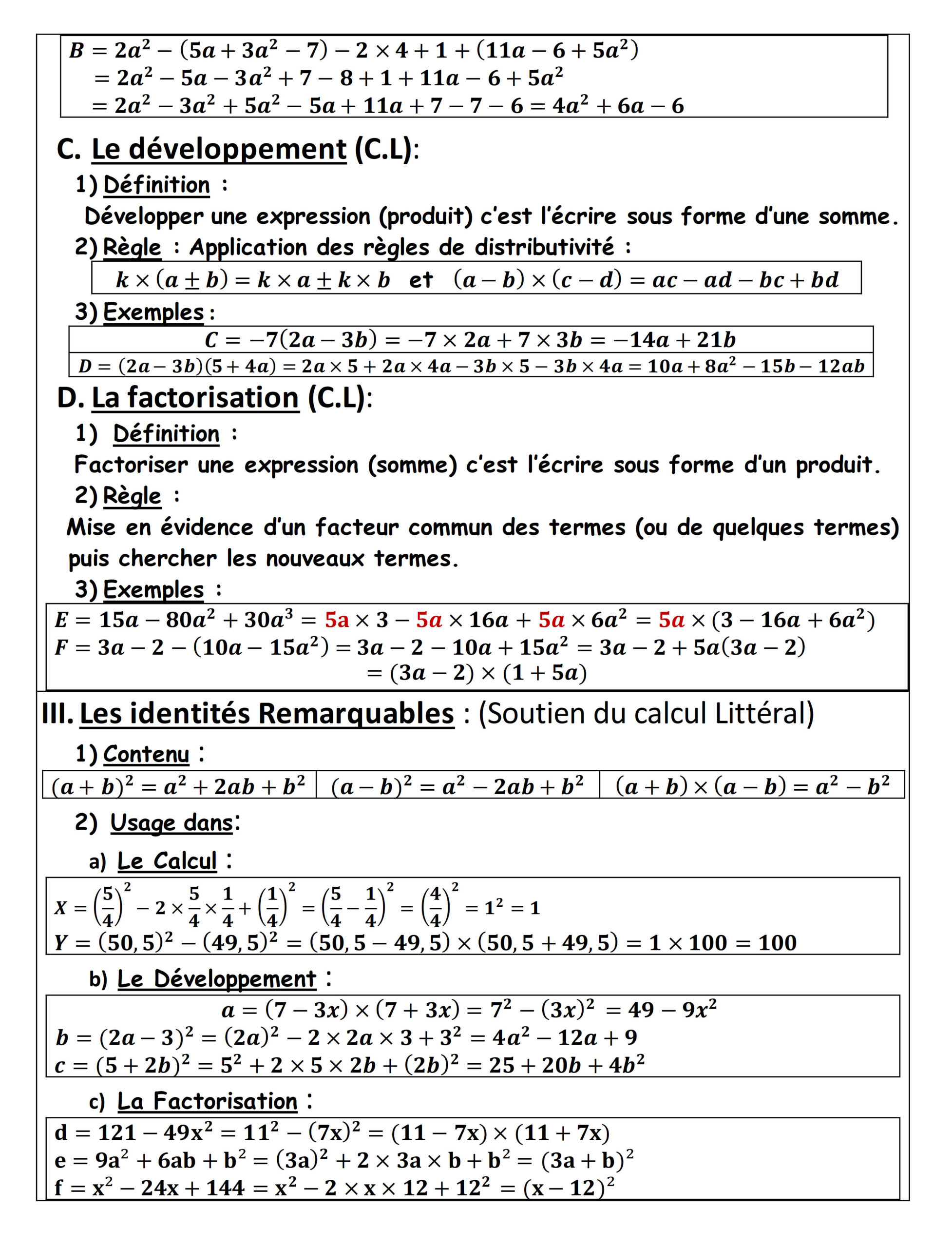 Résumé illustré — Calcul littéral — fiche 2